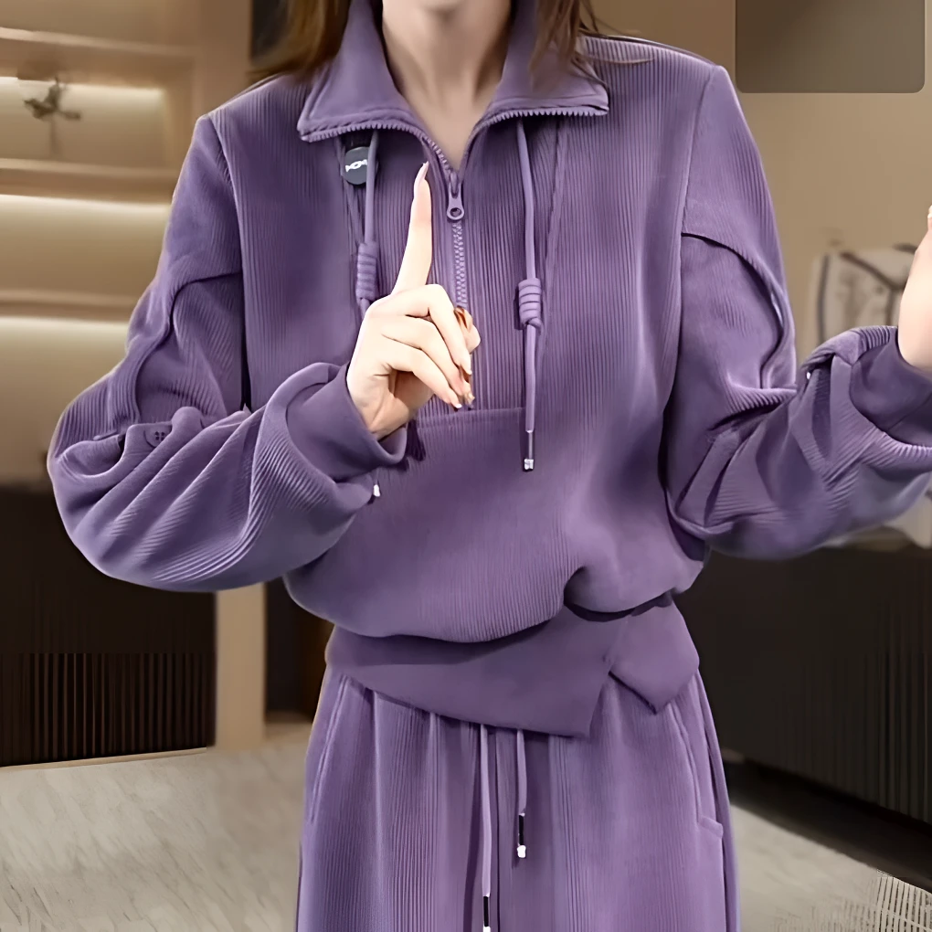 紫罗兰休闲时尚加绒宽松套装长袖秋冬季女洋气减龄显瘦气质百搭