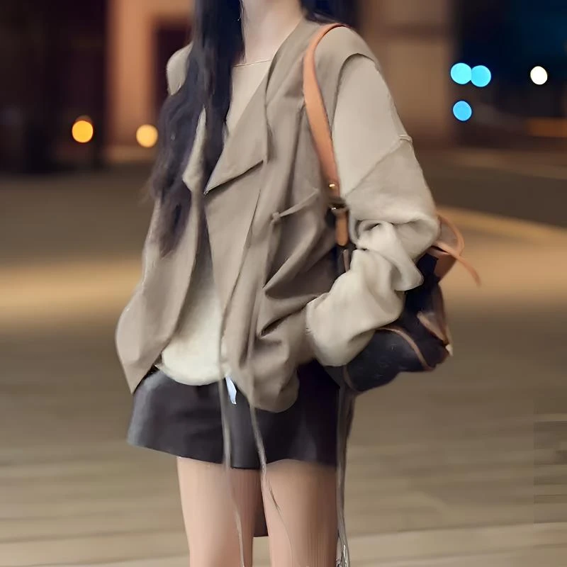 慵懒风气质休闲时尚抽绳飘带马甲麻杏茶色长袖罩衫上衣皮短裤女