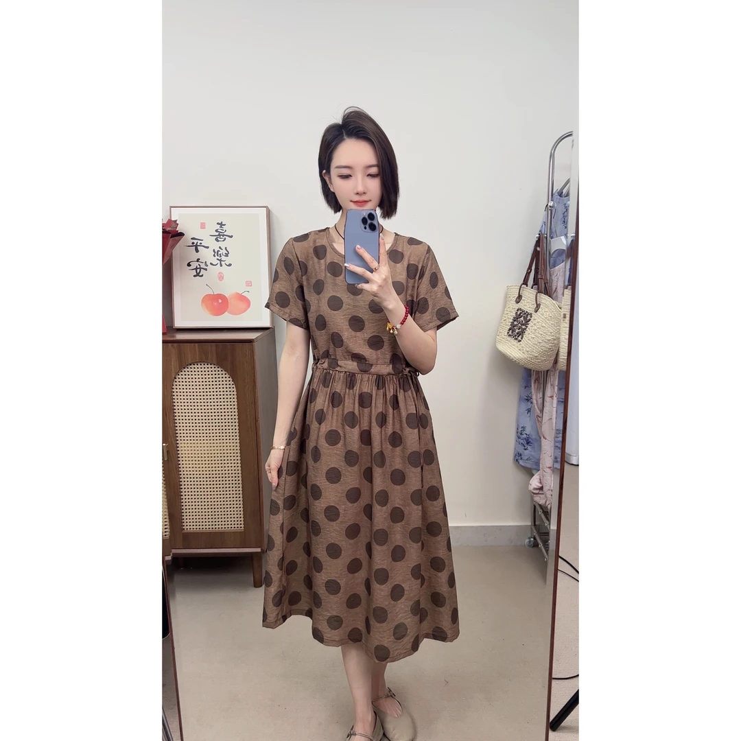 10028#夏季冰凉气质长款简约时尚大摆连衣裙2024新款显瘦收腰洋气