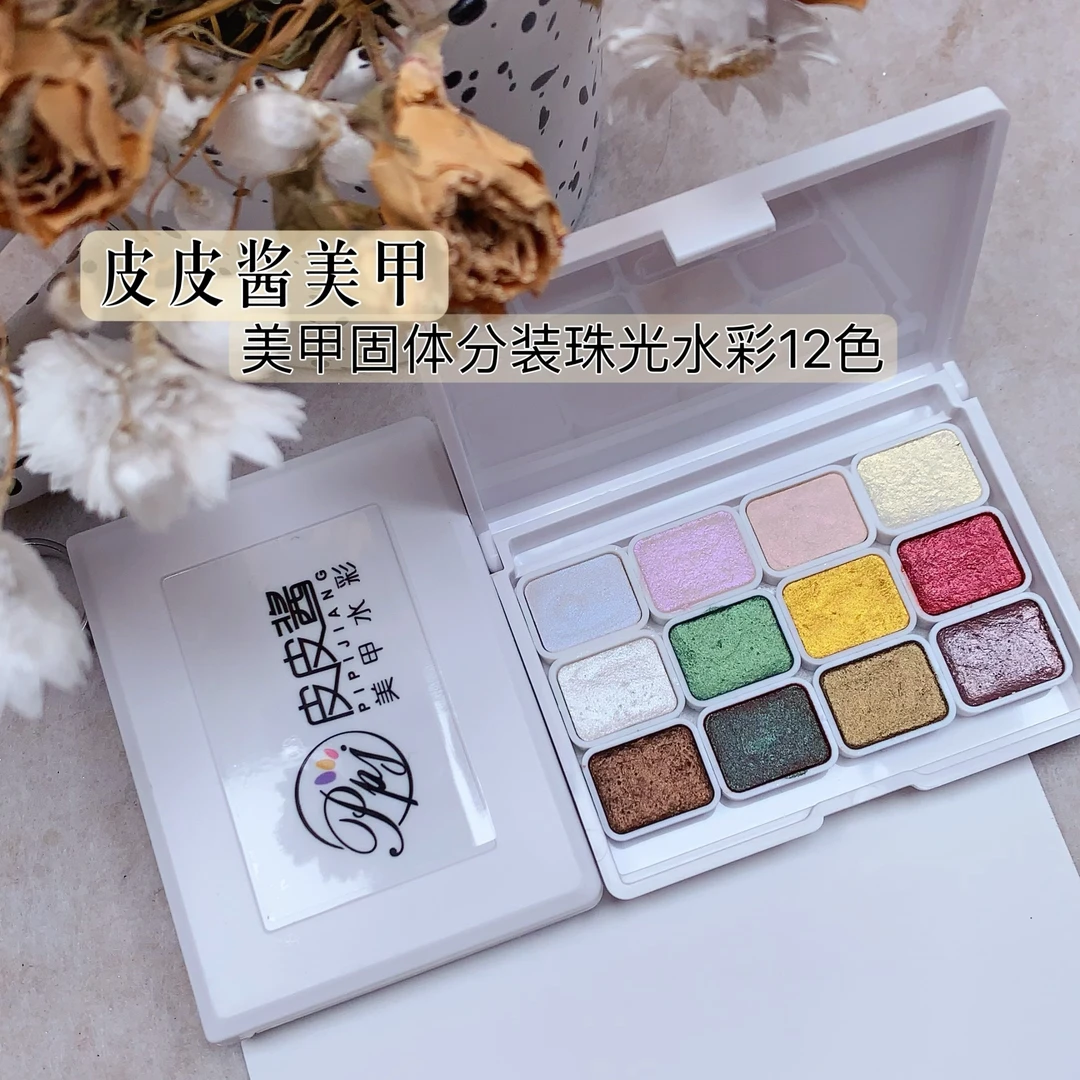 皮皮酱美甲珠光固体固态分装水彩颜料12色彩绘