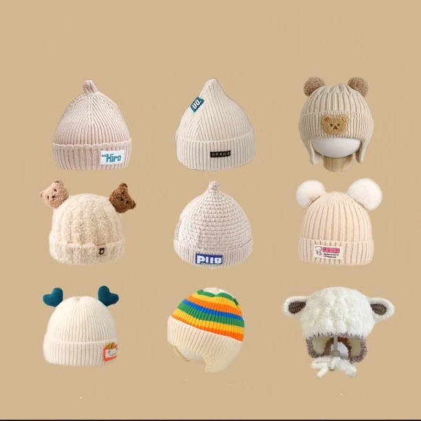 儿童帽子韩式宝宝同款米色系列秋冬季男女童防风护耳保暖针织帽子