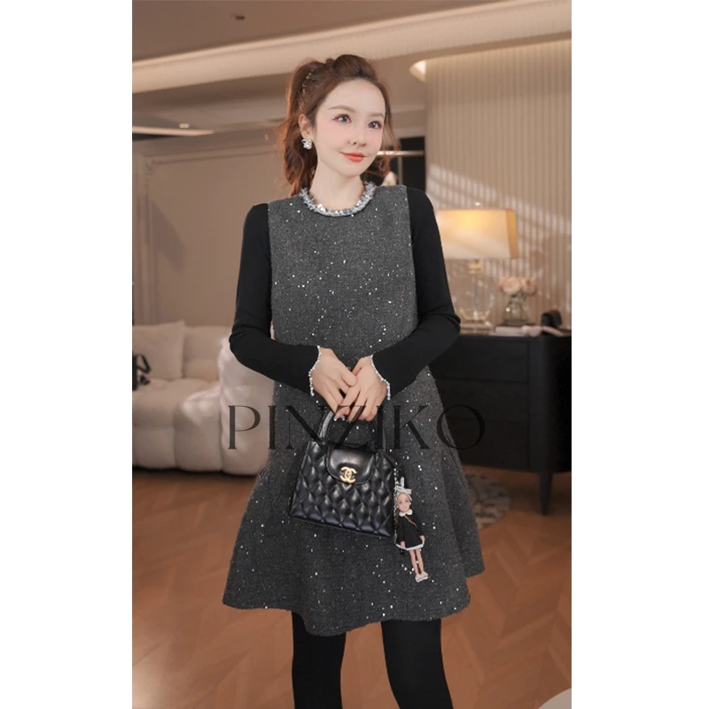 【PINZIKO】亮片羊毛连衣裙~显廋气质高级重工亮片无袖连衣裙TJE357