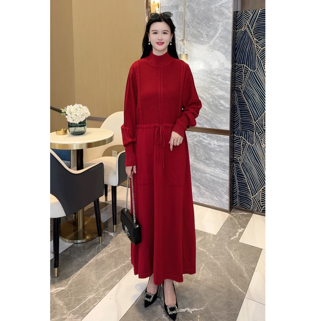 2024冬季新款腰间抽绳收腰针织百搭洋气连衣裙