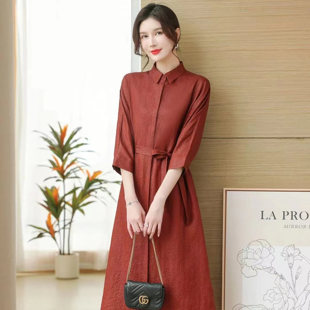 【杭州丝绸】老油料香云纱红云纱冠乐皱真丝桑蚕丝新款连衣裙