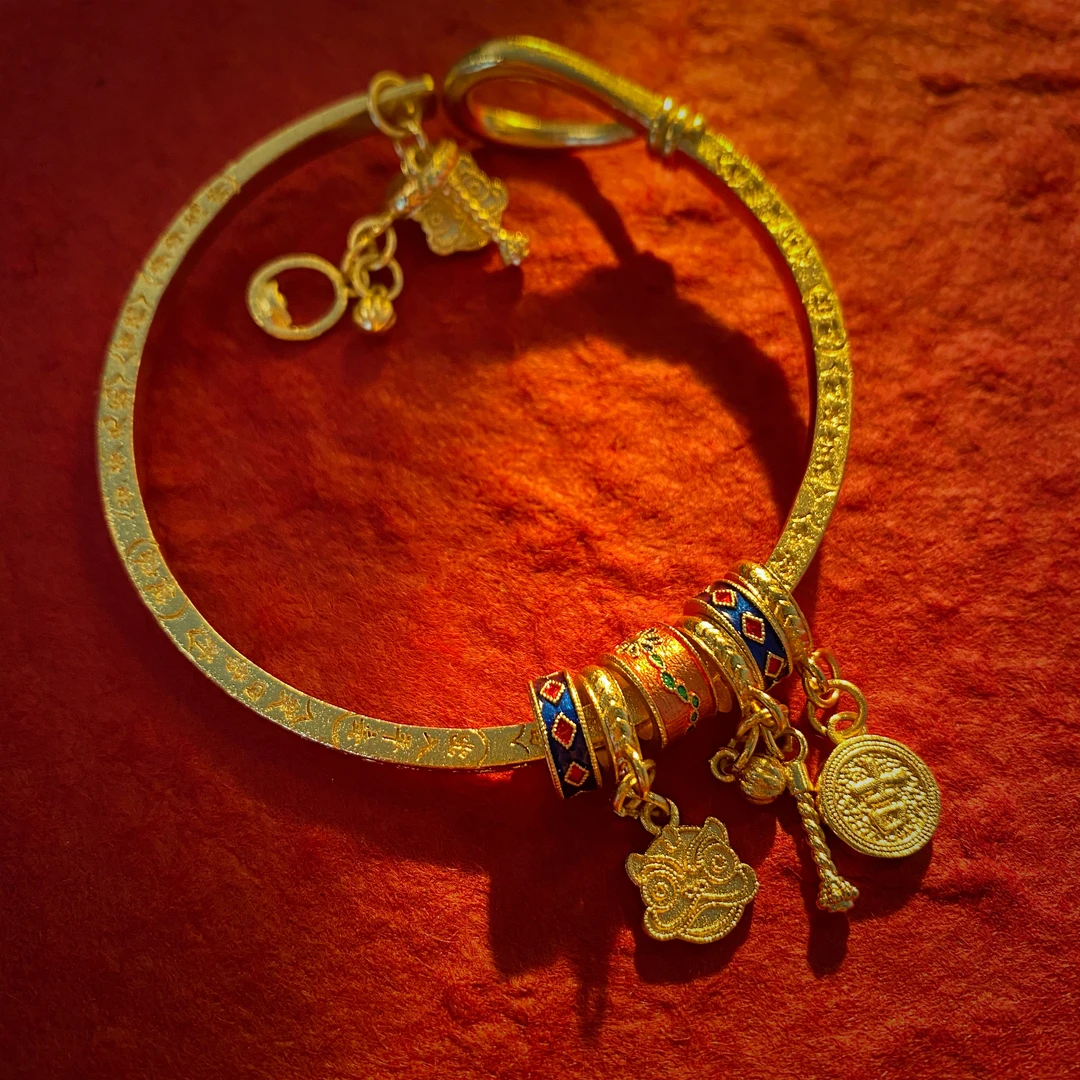 铜合金手镯 古法烧蓝醒狮吉言四方聚财开口可调节手镯女士轻奢