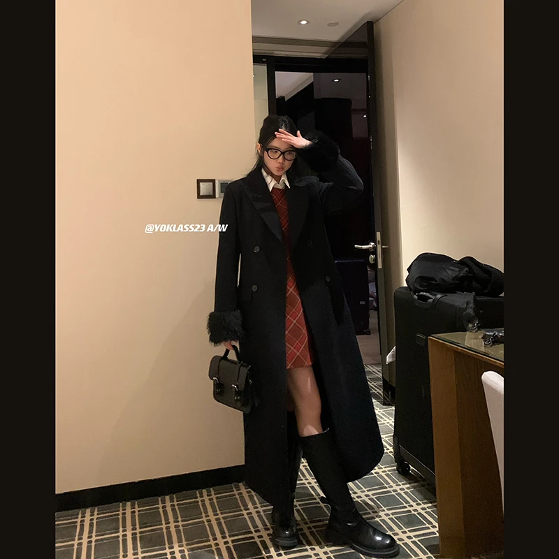 王少女YOKLASS【清清】黑色双排扣西装领单面呢外套大衣 N14156S34