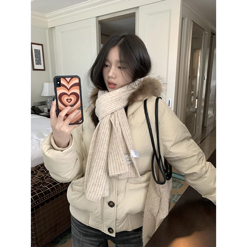 王少女的店 卡其色连帽百搭短款外套秋冬季保暖毛领棉服Y27283S44