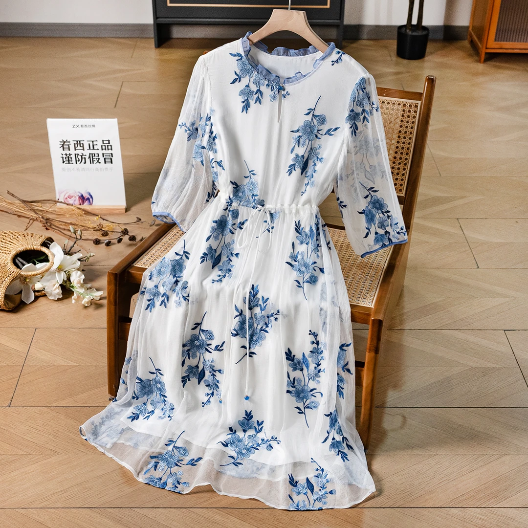 女装连衣裙显瘦气质时尚夏季复古100桑蚕丝连衣裙82496198