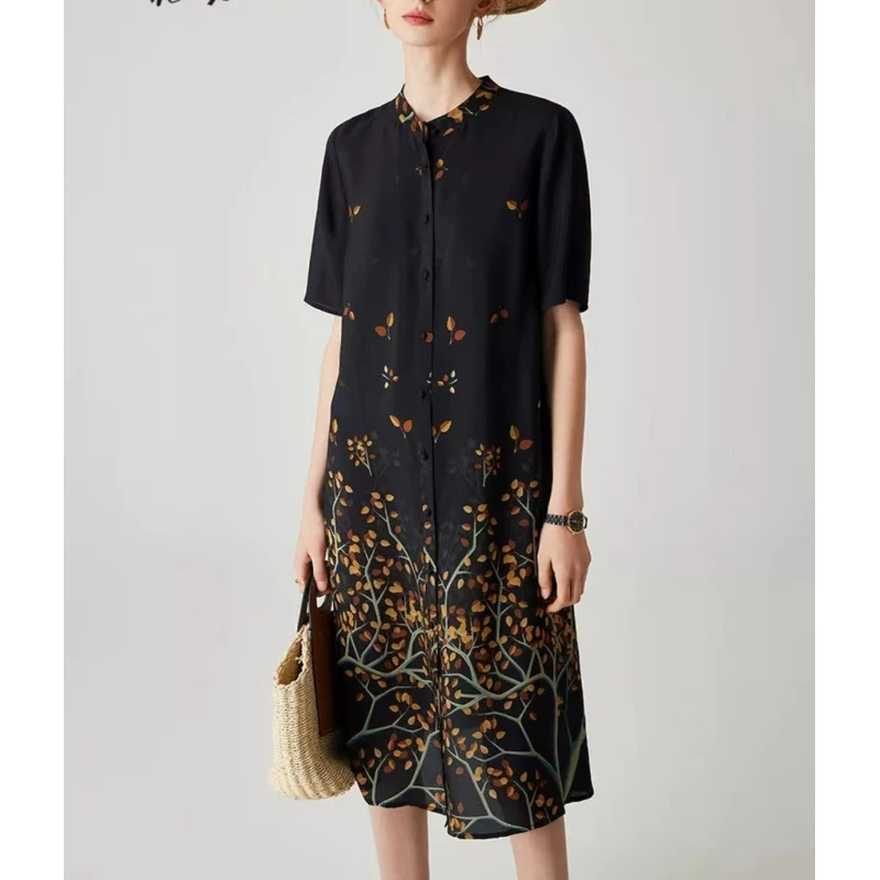 {工厂直营}春夏新款复古印花气质连衣裙女立领短袖裙子A119