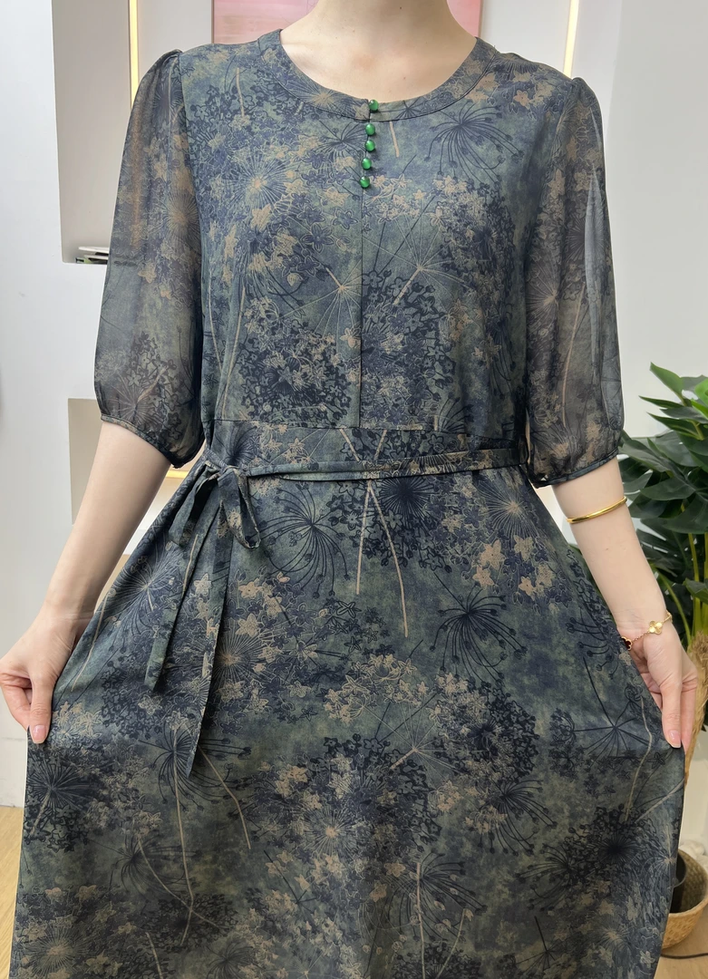 【杭州丝绸】春夏季中式印花收腰时尚中长款气质短袖连衣5007