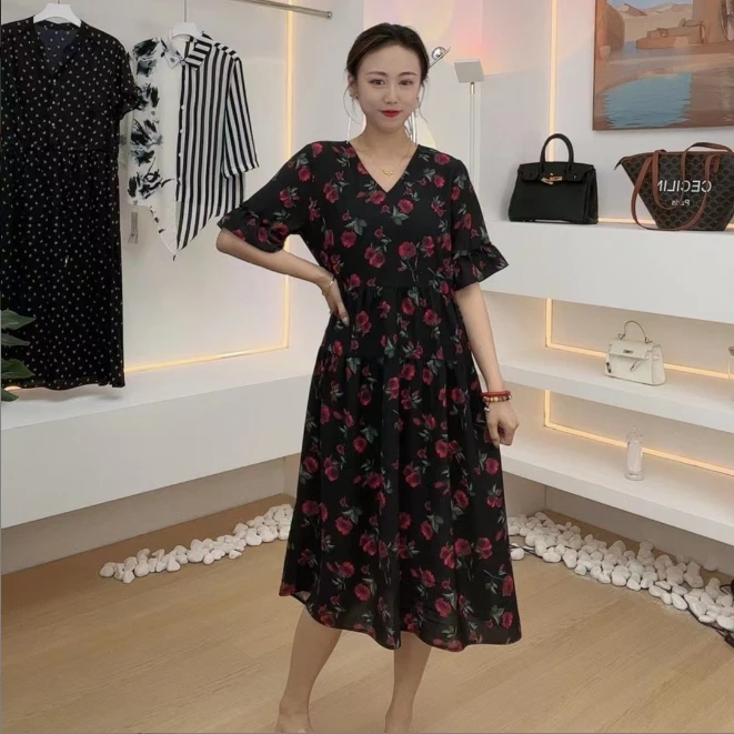 2025年秋季洋气清新甜美减龄复古玫瑰碎花连衣裙A163