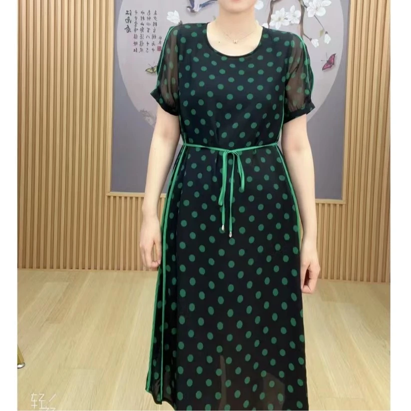 2023年夏季时尚洋气波点印花中长款圆领系带连衣裙2838