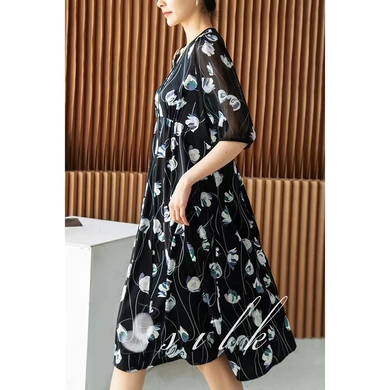 2024年新款上新V领五分袖复古印花中长款清凉感真丝连衣裙A120