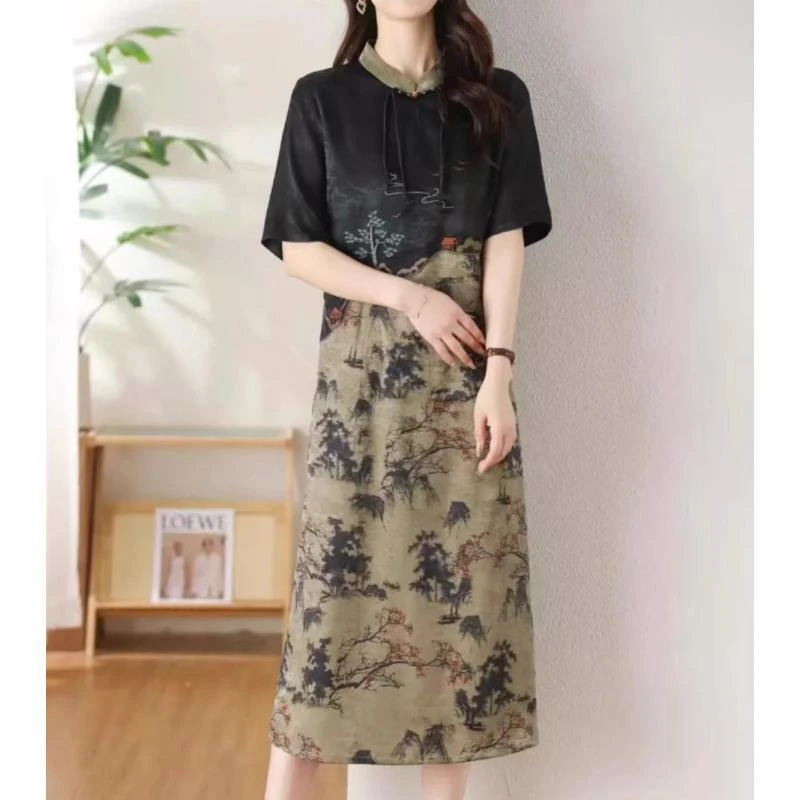 【新款上新】春夏季中式印花收腰时尚中长款气质短袖连衣裙5077