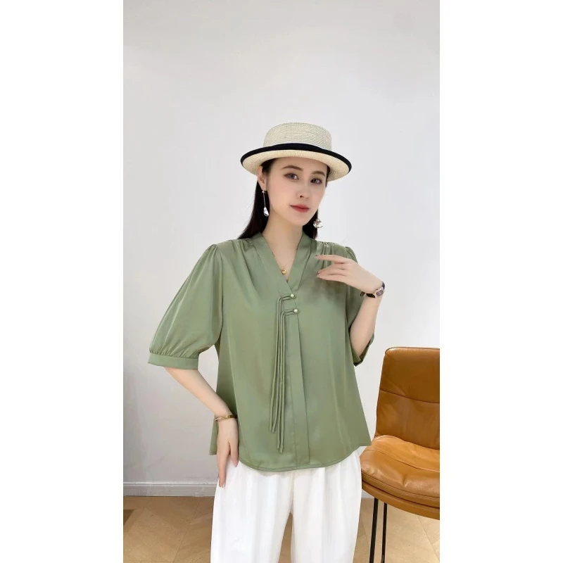杭州重磅衬衫女短袖2025年夏季新款飘带设计感小众上衣A015