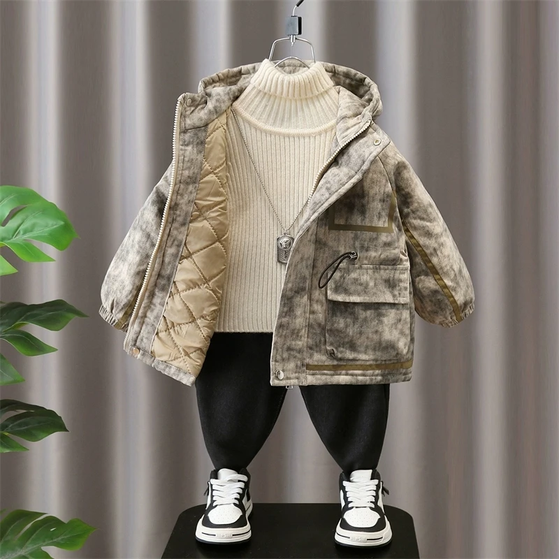 男童棉服外套冬季2024新款儿童秋冬夹棉加厚连帽宝宝加棉派克服潮