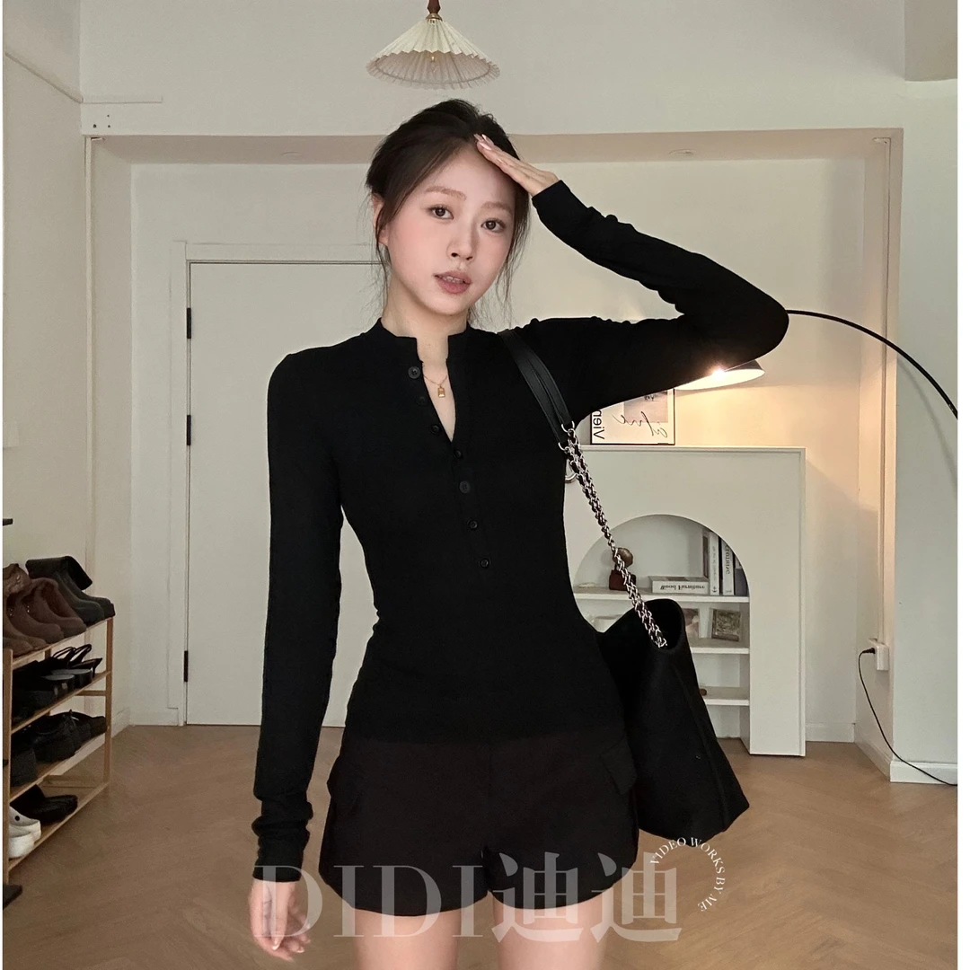 妙前【迪迪】纸片人堆堆袖设计修身显瘦外穿打底衫纽扣T恤上衣