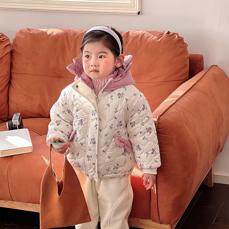 【现货】DW239760冬季儿童外套女童棉袄宝宝碎花连帽棉服保暖