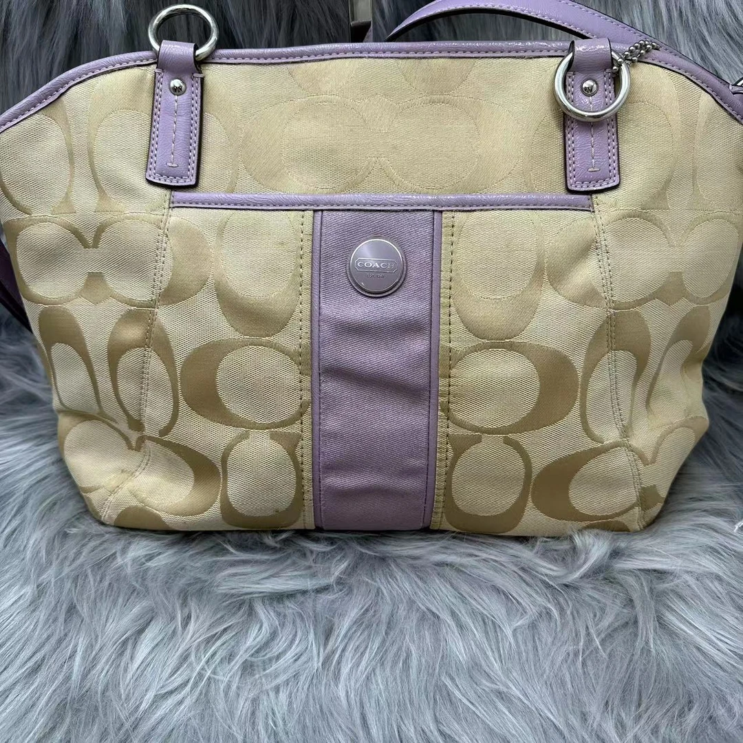 95新 COACH/蔻驰 大全中古/香芋紫拼帆布老花单肩包/QY 015