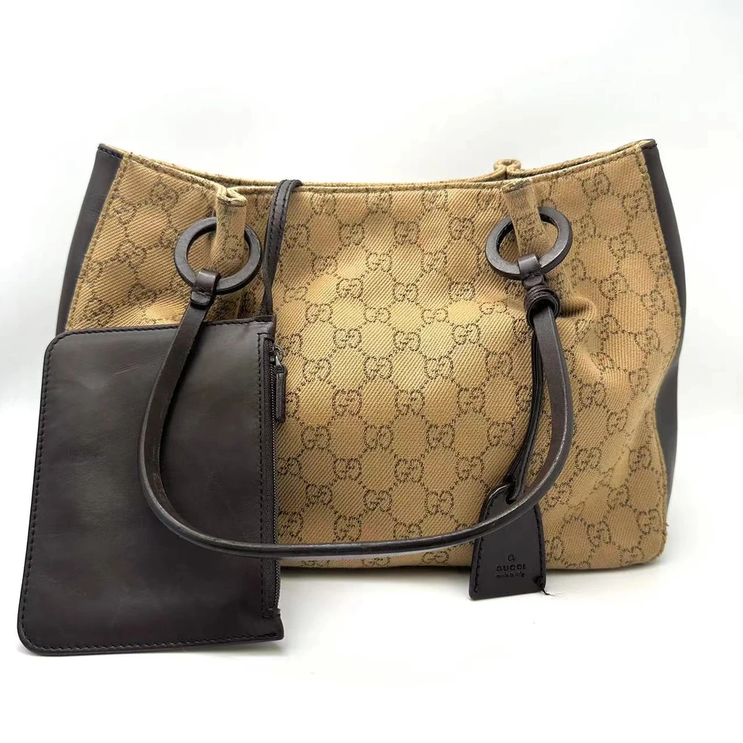 95新 GUCCI/古驰 大全中古/古驰 浅棕色帆布手提包/LK 100367