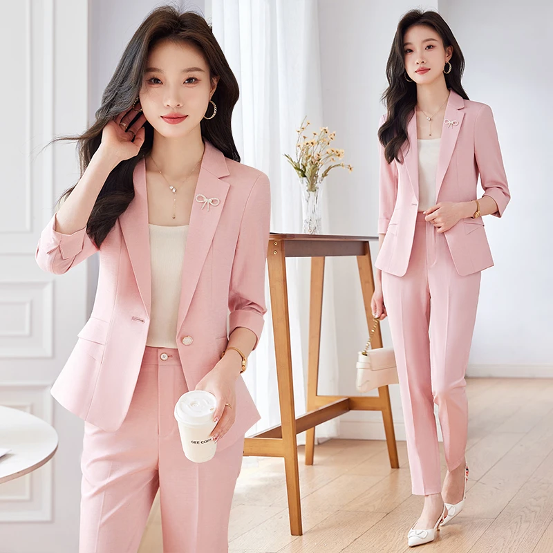 粉色西装套装女夏装2025新款职业装气质女神范播音主持正装工作服