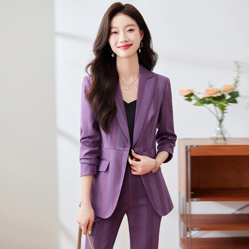 紫色西装套装女2024春秋新款小个子职业高级感轻熟风气质修身西服