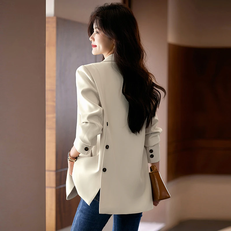 米白色西装外套女2025春秋新款后开叉设计感套装小个子休闲西服女