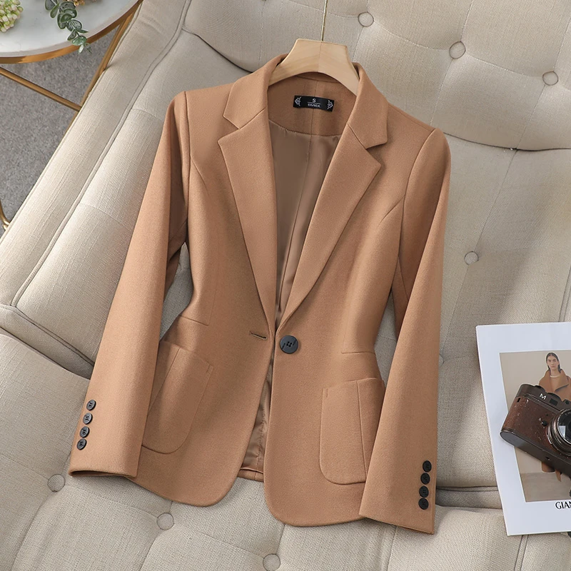 卡其色毛呢西装外套女2024秋冬季新款高级感气质休闲加厚西服上衣