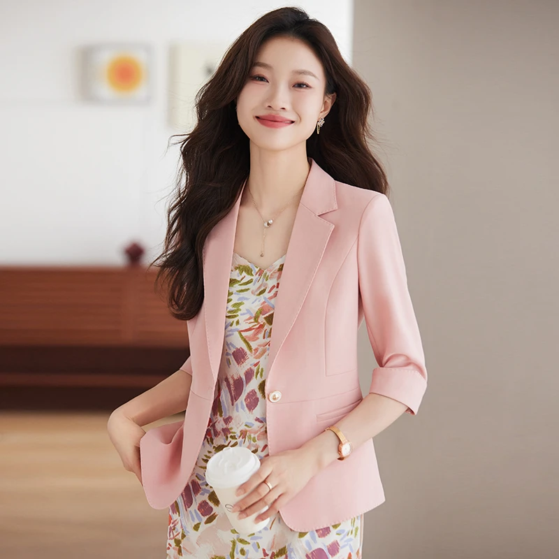 粉色小西装外套女七分袖夏季2025新款休闲气质薄款小个子西服上衣