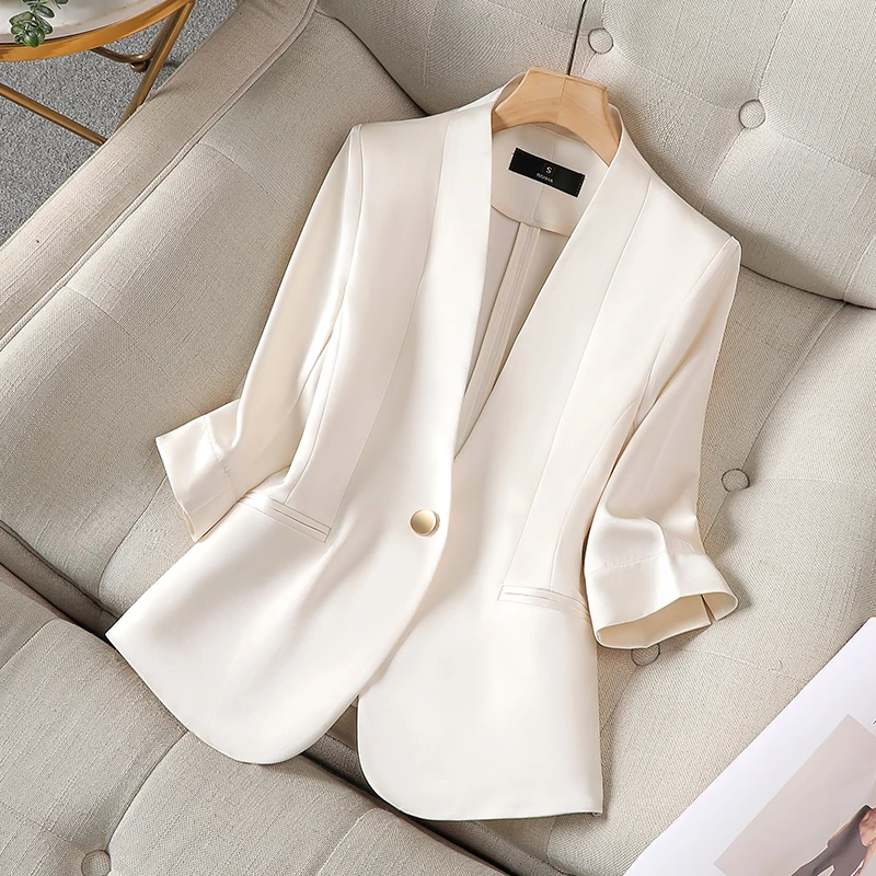 醋酸缎面西装外套女2025夏季新款高级感小个子名媛气质七分袖西服