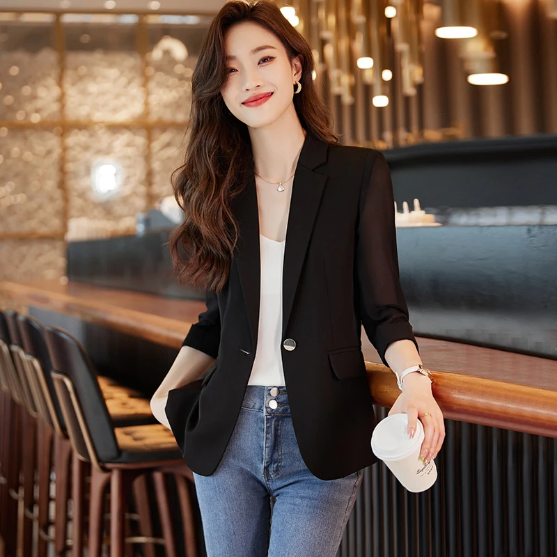 黑色小西装外套女2025夏季新款高级感女神范气质七分袖西服上衣薄