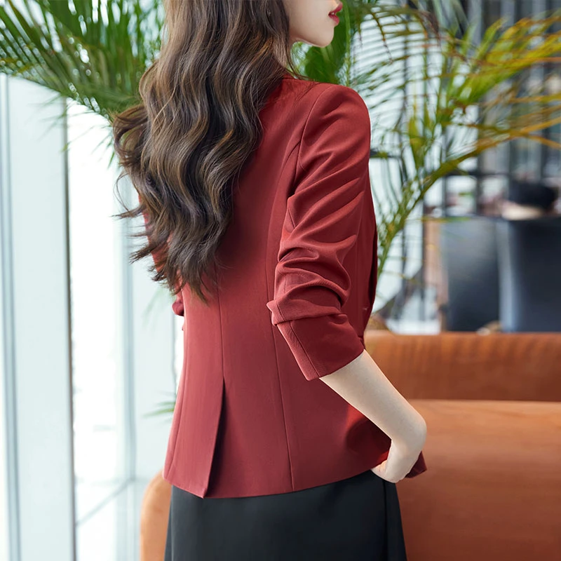 小个子短款西装外套女春秋2025新款高级感红色上衣开叉休闲小西服