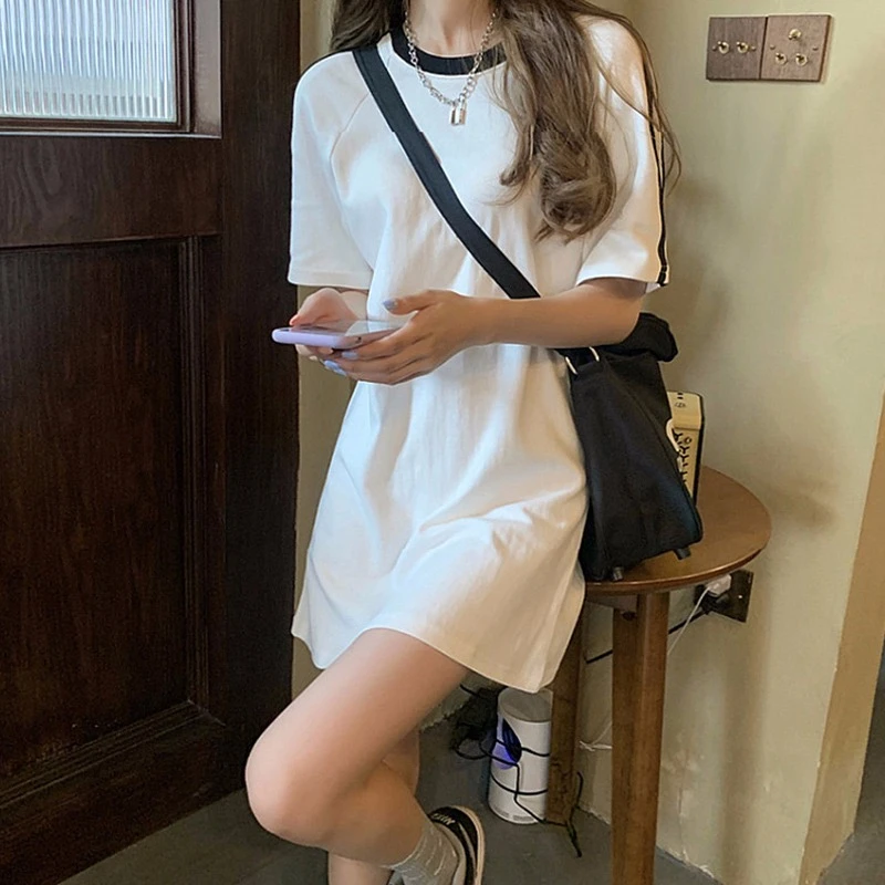 白色显瘦短袖t恤长裙女夏2024新款潮牌遮屁股高端设计感小众上衣