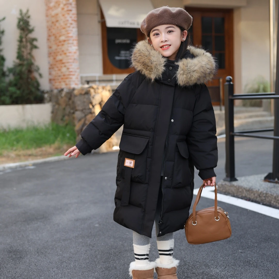 2025新款儿童加厚大毛领中大童长款过膝保暖时尚冬装外套潮流女童