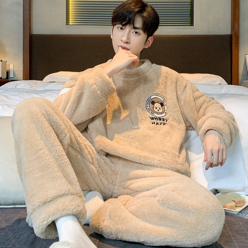 冬季睡衣男长袖加绒法兰绒宽松大码保暖珊瑚绒套装圆领套头家居服