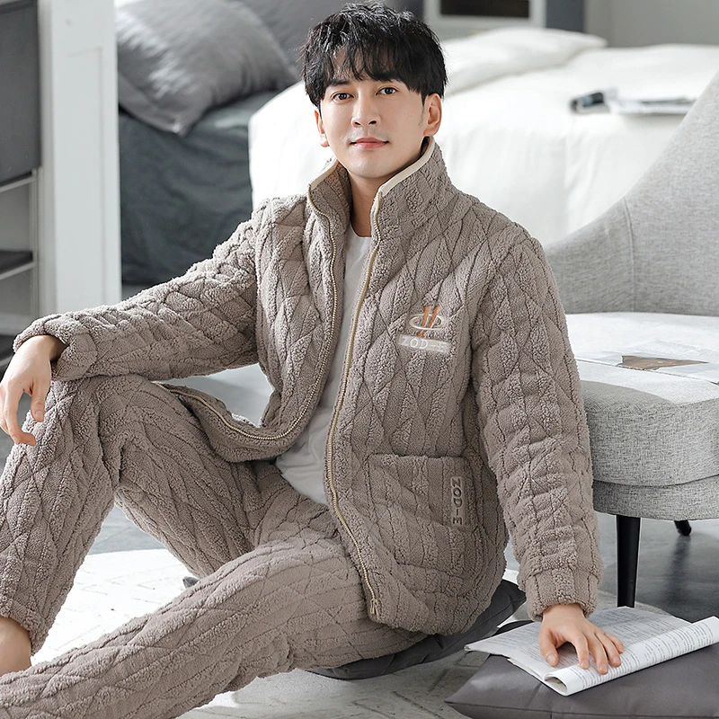 三层夹棉睡衣男冬季加厚保暖中青年宽松大码湖南省服珊瑚绒家居服