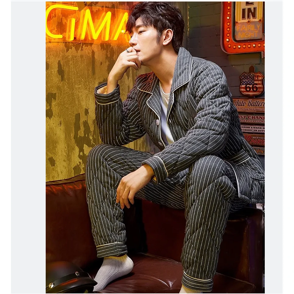 睡衣男冬季三层夹棉中青年宽松加大码加绒保暖厚实冬天家居服套装