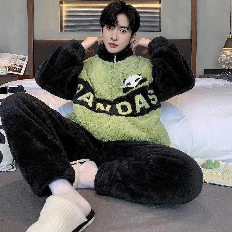 睡衣男长袖冬季珊瑚绒加绒加厚拉链套装新款宽松大码青少年家居服