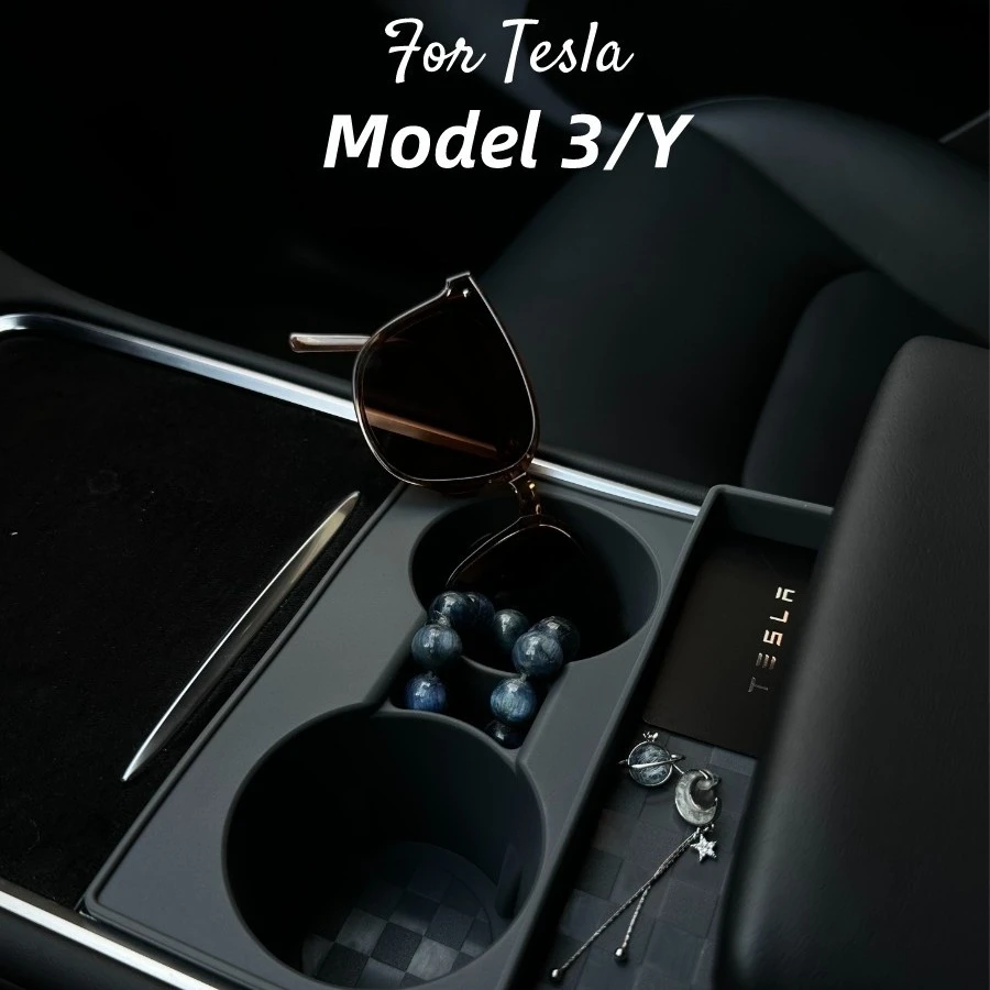 Nika棋盘格适用特斯拉model3y中控硅胶车载水杯架垫限位器储物