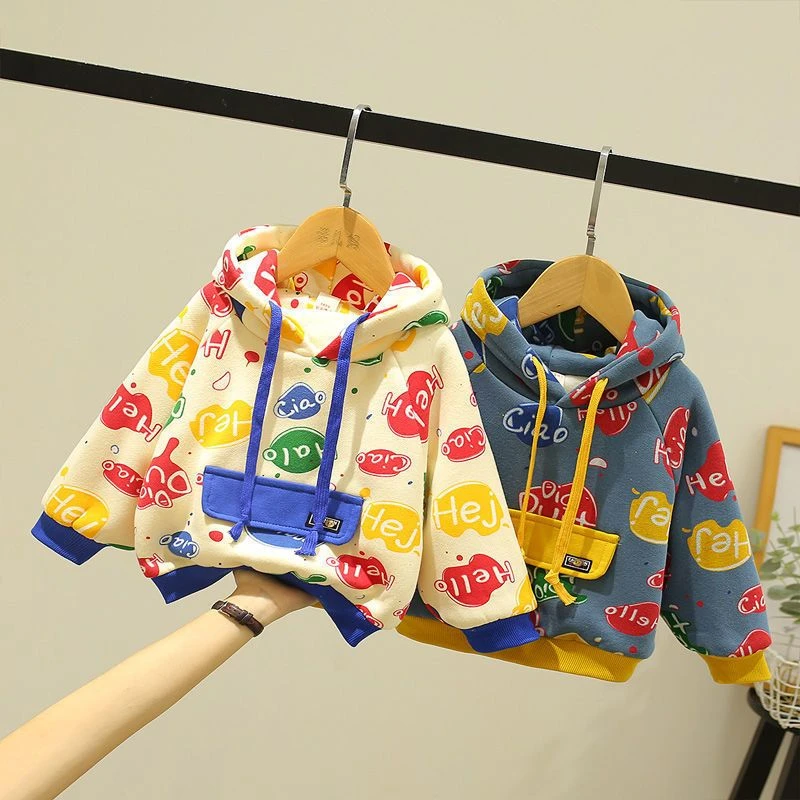 儿童加绒卫衣一体绒2023秋冬装新款男女童打底衫洋气宝宝连帽上衣