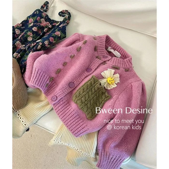 女童毛衣开衫外套22秋季韩版童装洋气温柔紫色针织衫时髦舒适上衣