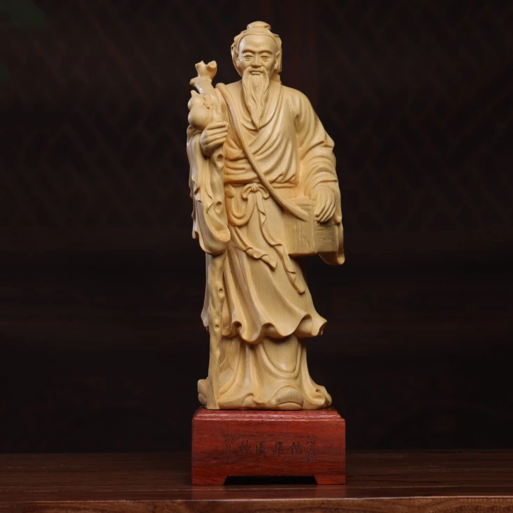 精选桧木药王华佗神医神像木雕工艺品摆件医药房家居书房客厅装饰