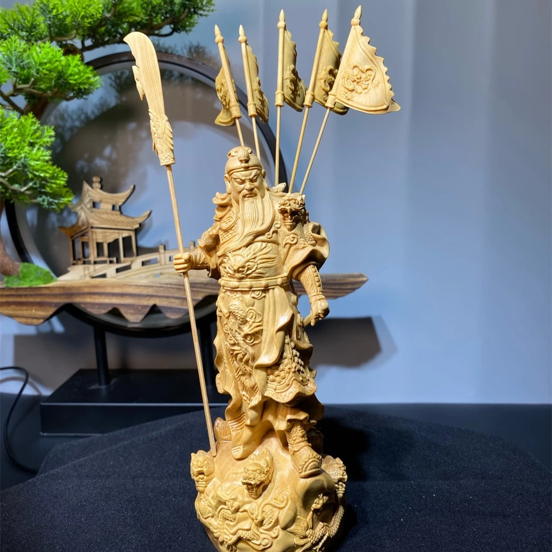 原木小叶黄杨木五旗关公关二爷武财神关羽精雕摆件招财家居装饰品