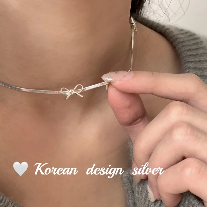 925银银制品 韩国东大门新款锁骨链S925纯银扁蛇骨蝴蝶结项链小众