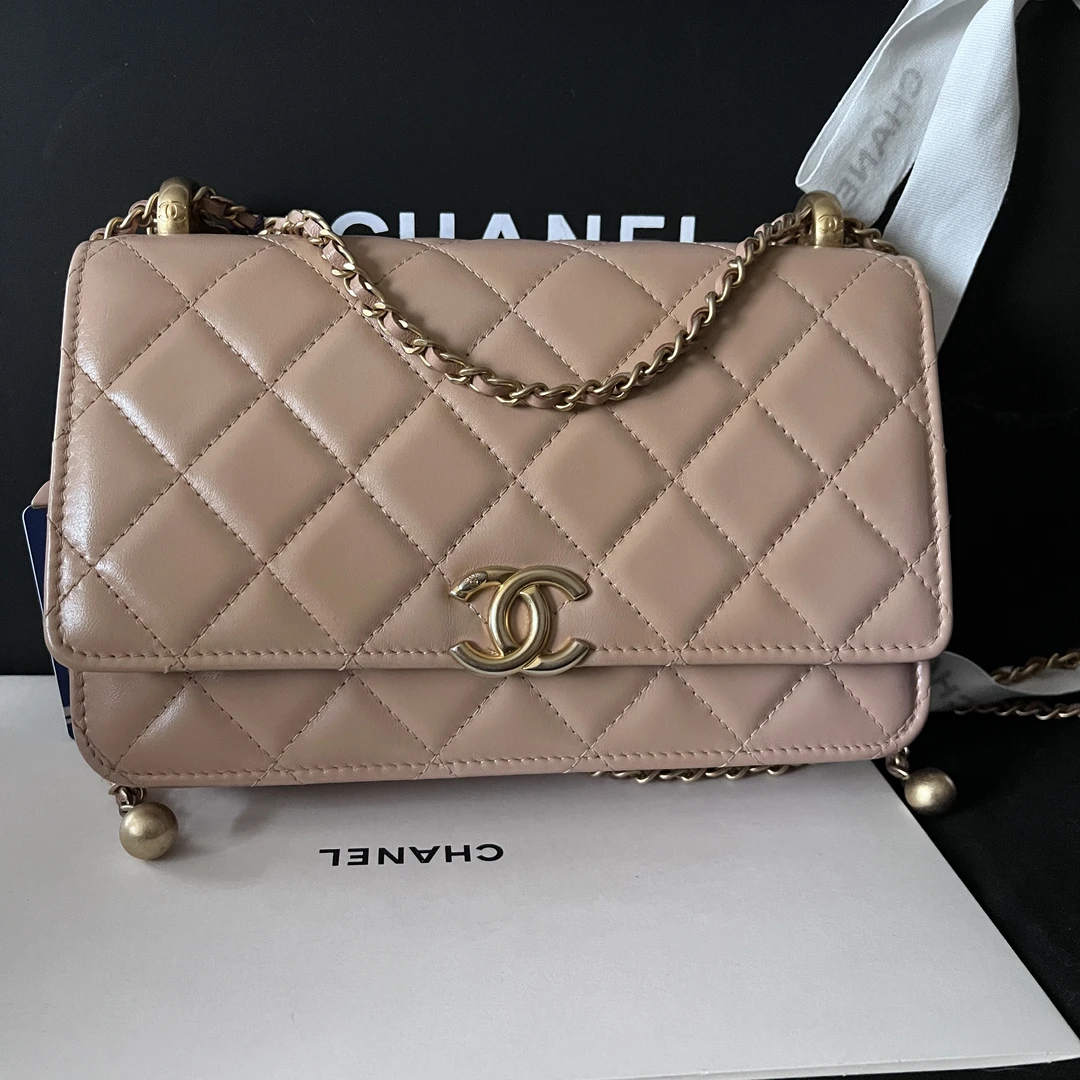 95新 Chanel/香奈儿 chanel双金珠奶茶色woc