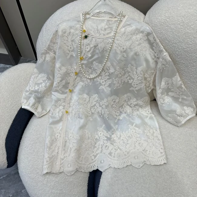 渐变丁达尔风新款百搭大码女装新中式国风斜襟盘扣提花半袖蕾丝衫