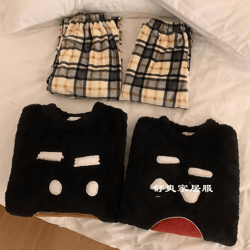 情侣睡衣秋冬季2023年新款表情可外穿黑色格子珊瑚绒男女款家居服