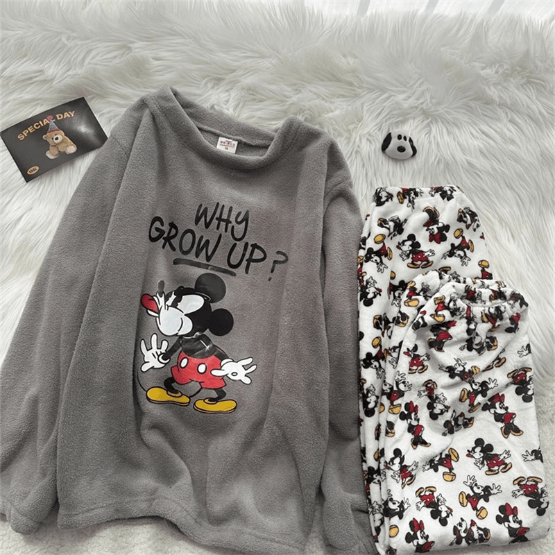 珊瑚绒薄绒睡衣女新款2023款卡通灰色两件套女士法兰绒保暖家居服