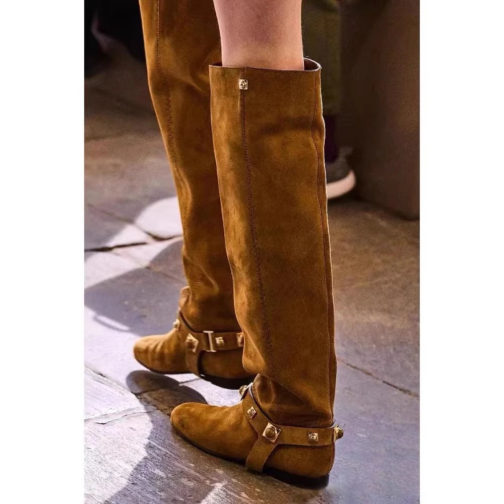 pomo轻奢女鞋马丁靴绒面磨砂棕色长靴子民族高个子平底过膝靴