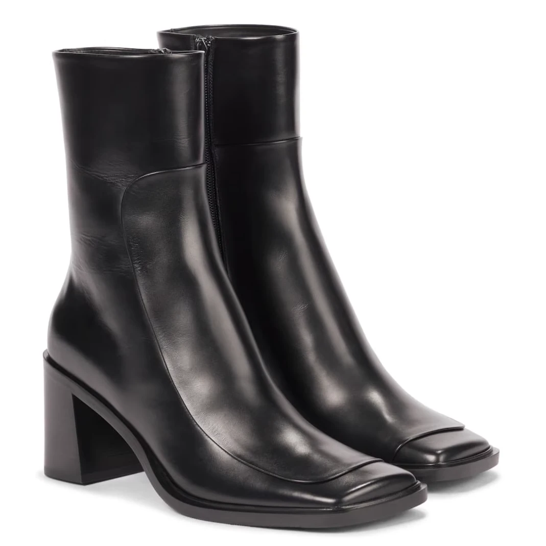 里外纯皮~小方头粗跟高跟黑色瘦瘦靴高品质短靴 百搭侧拉链靴子